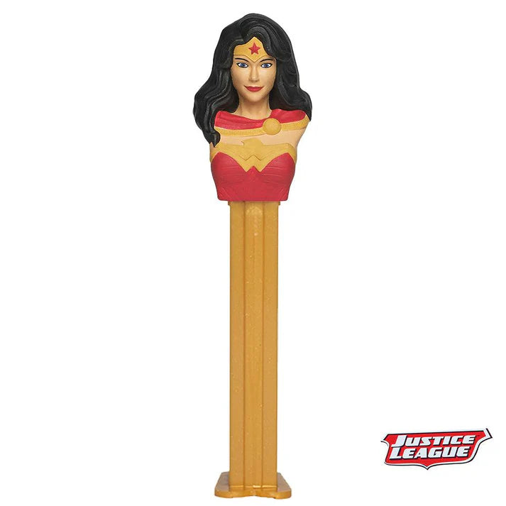 PEZ Justice League Wonder Woman head dispenser in red, gold, black plastic
