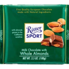 Ritter Sport milk chocolate bar with whole almonds, 100g green wrapper