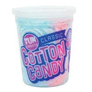 Classic cotton candy tub with pink and blue cotton candy in clear cup and white lid