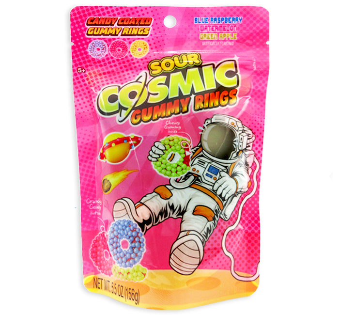 Pink Cosmic Sour Gummy Rings peg bag with astronaut and colorful rings
