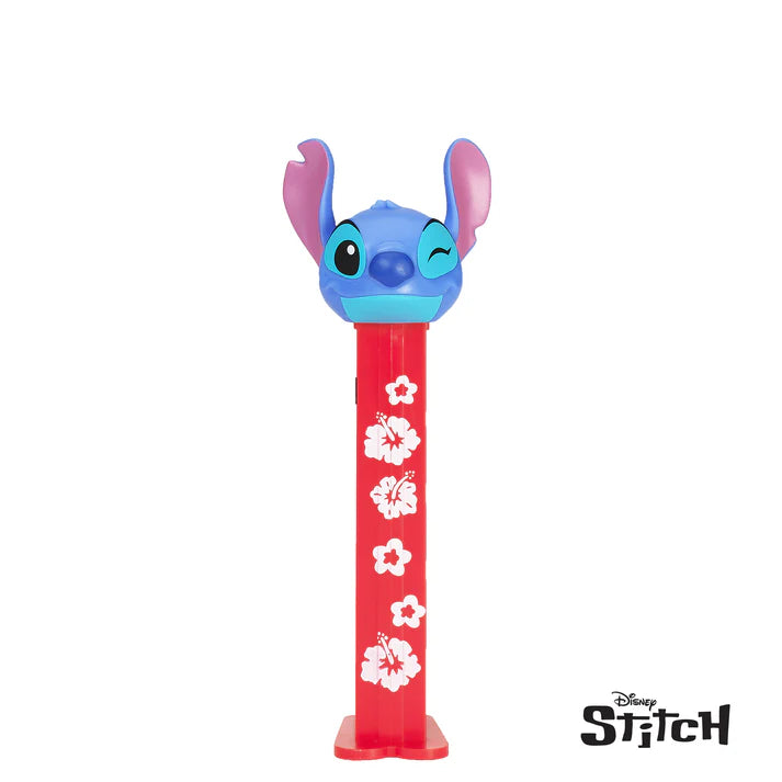 Blue and pink Stitch-themed PEZ dispenser with red body and white hibiscus flowers in Aloha design
