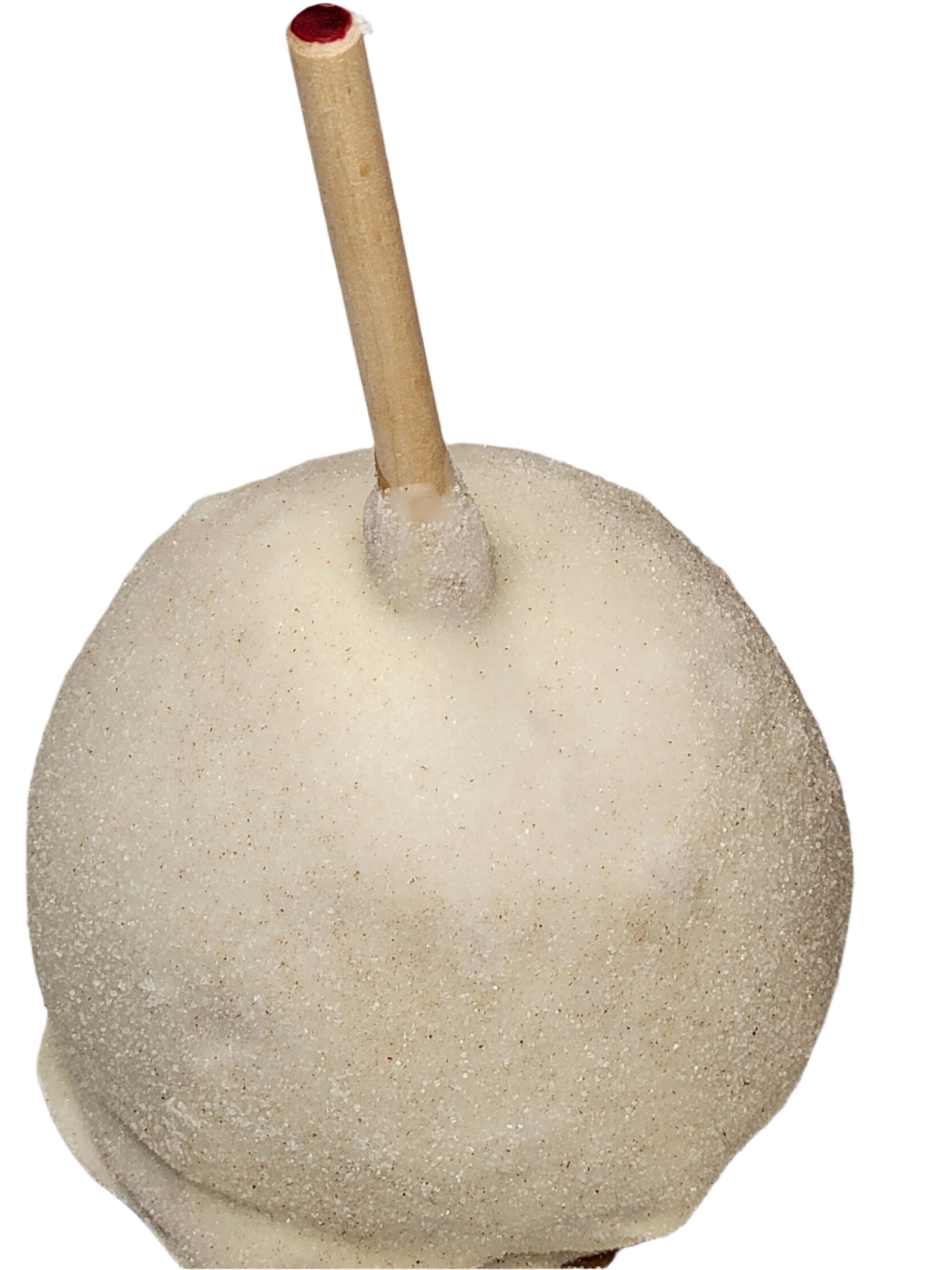 Round white Apple Pie candy apple on wooden stick