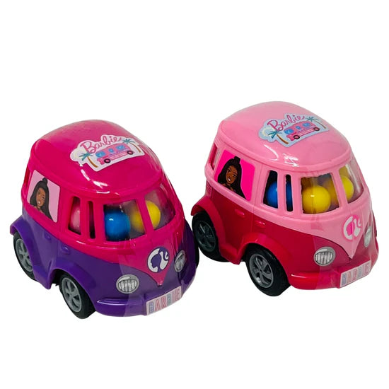 Pink and purple Barbie camper van toy with candy theme and colorful ball inserts