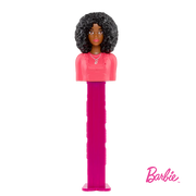 Pink plastic Barbie PEZ dispenser with curly black hair and pink top