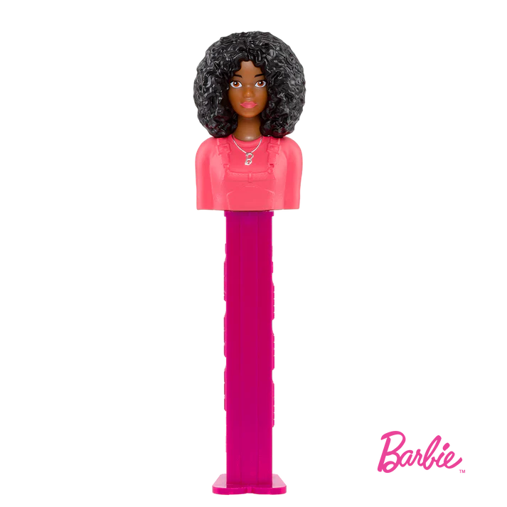 Pink plastic Barbie PEZ dispenser with curly black hair and pink top