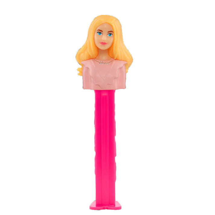 Pink plastic PEZ Barbie dispenser with blonde hair, blue eyes, light pink top