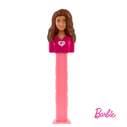 Pink plastic Barbie PEZ dispenser with brown hair, green eyes, and white heart top