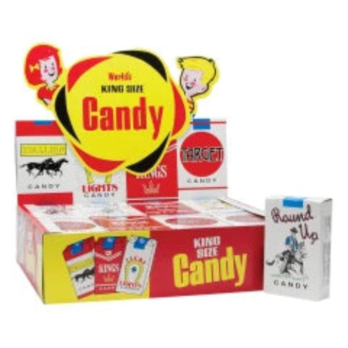 Red and yellow Cigarette Candy Sticks box with cartoon characters, 24ct