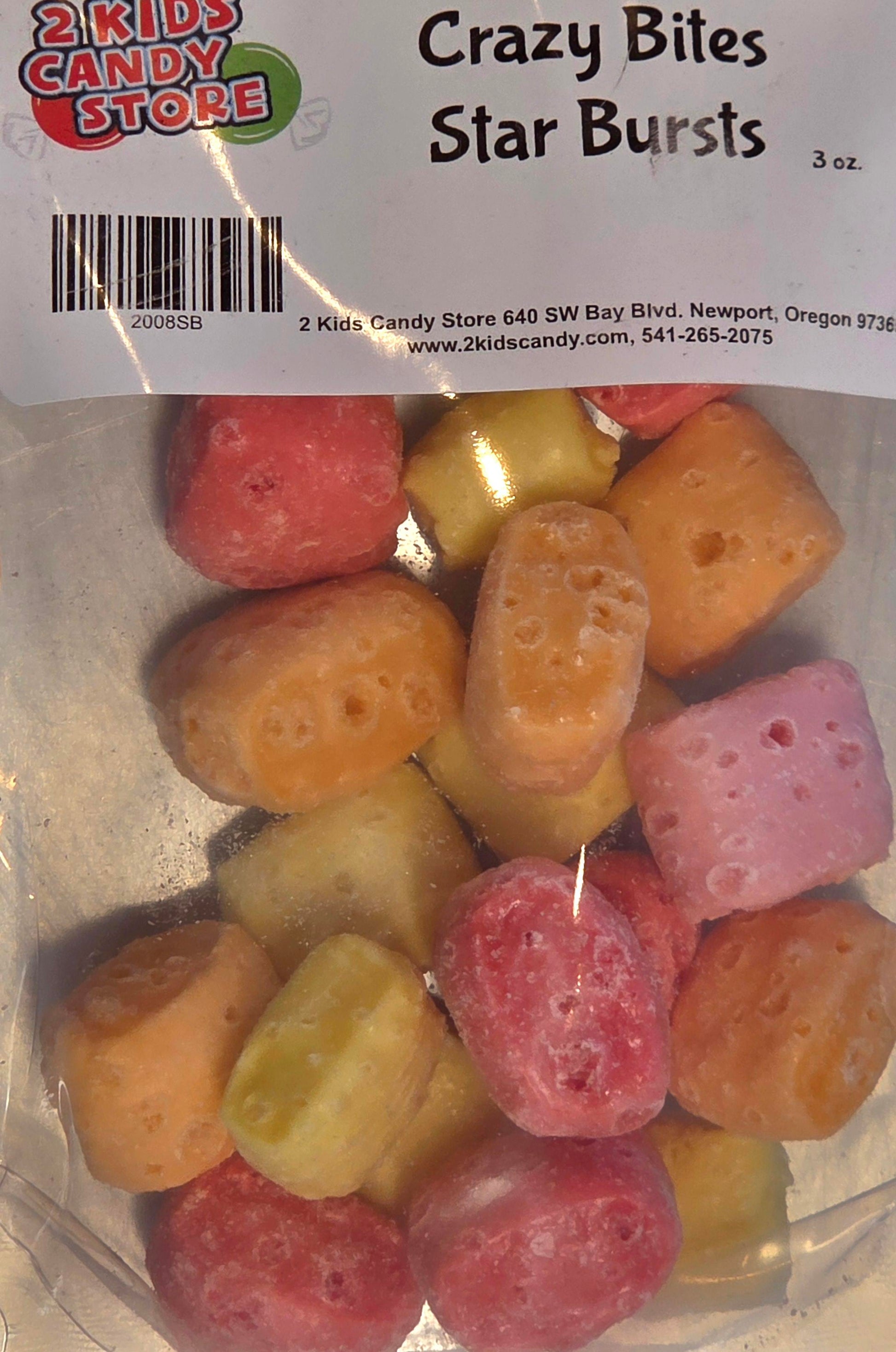 Crazy Bites Star Bursts 3oz colorful candy bag with orange, pink, yellow pieces