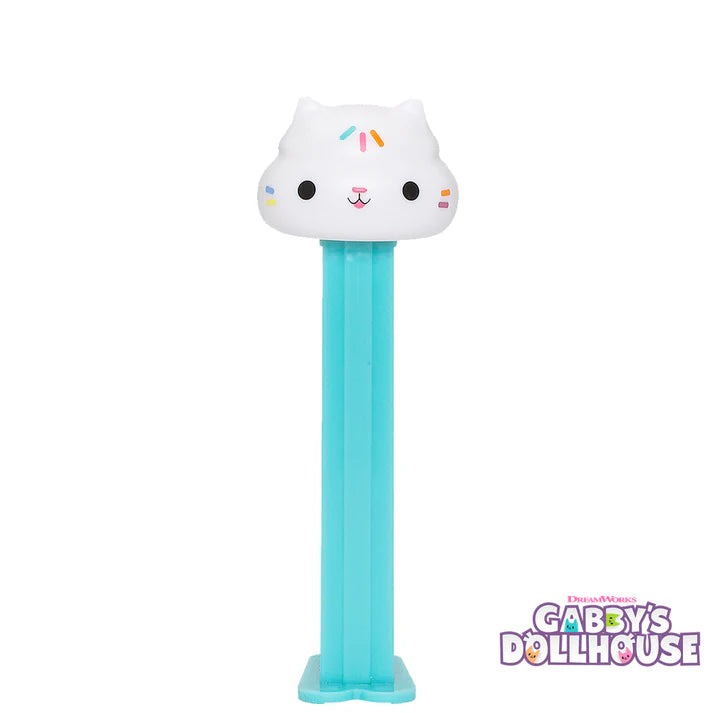 PEZ Gabby’s Dollhouse Cakey Cat candy dispenser in turquoise with colorful sprinkles