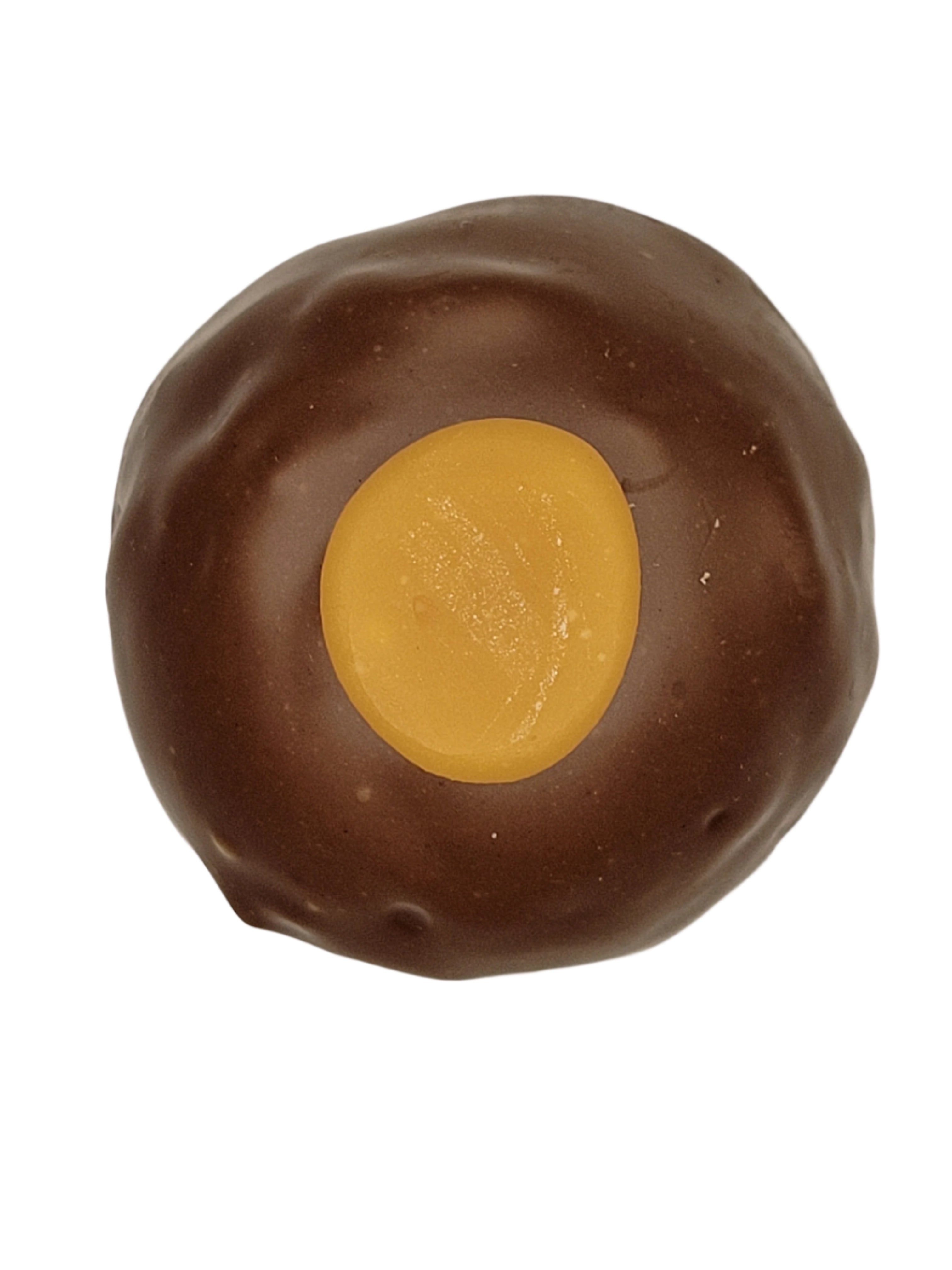 Classic Caramel Truffle 1.5oz: round chocolate-covered candy with yellow center