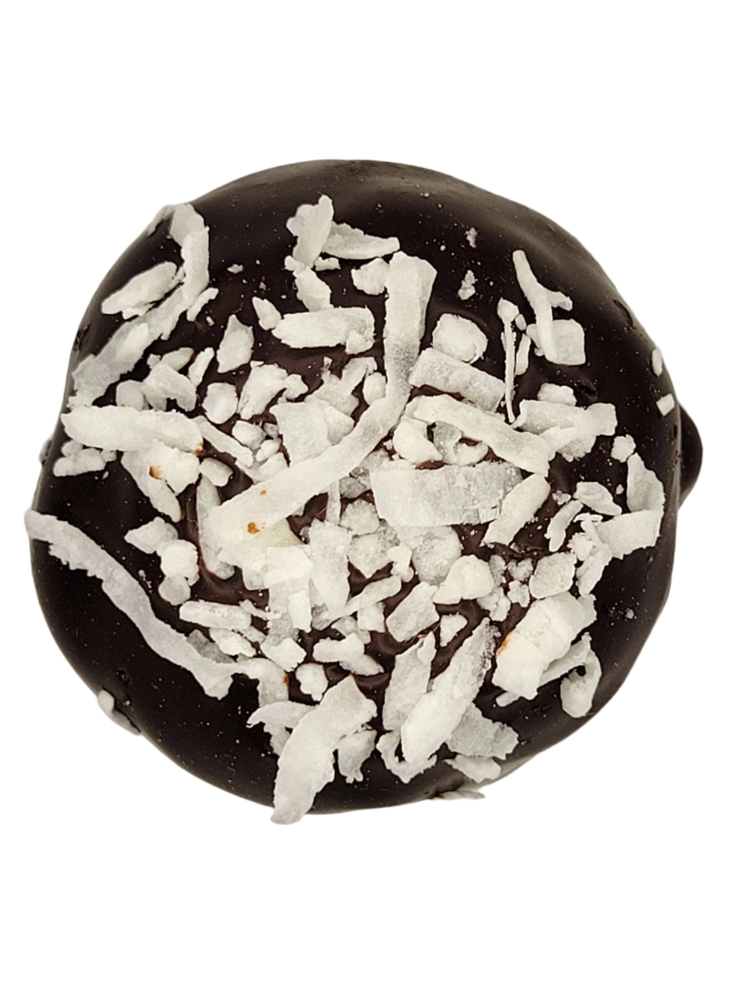 Coconut Macadamia Truffle 1.5oz round chocolate-covered coconut candy with glossy dark coating and white shredded coconut flakes