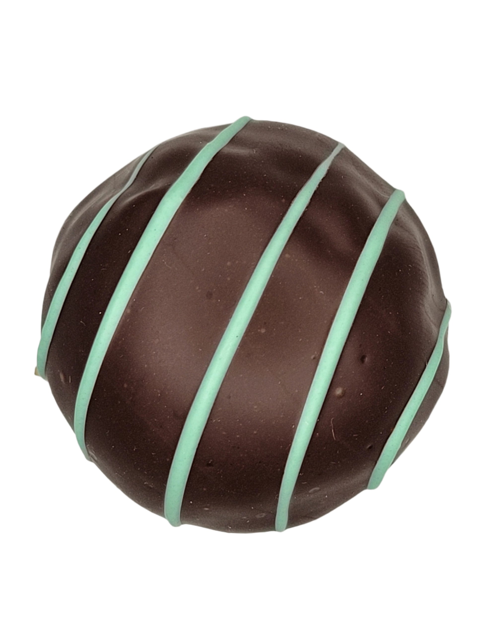 Creme de Menthe Truffle 1.5oz: round dark chocolate with mint green drizzles