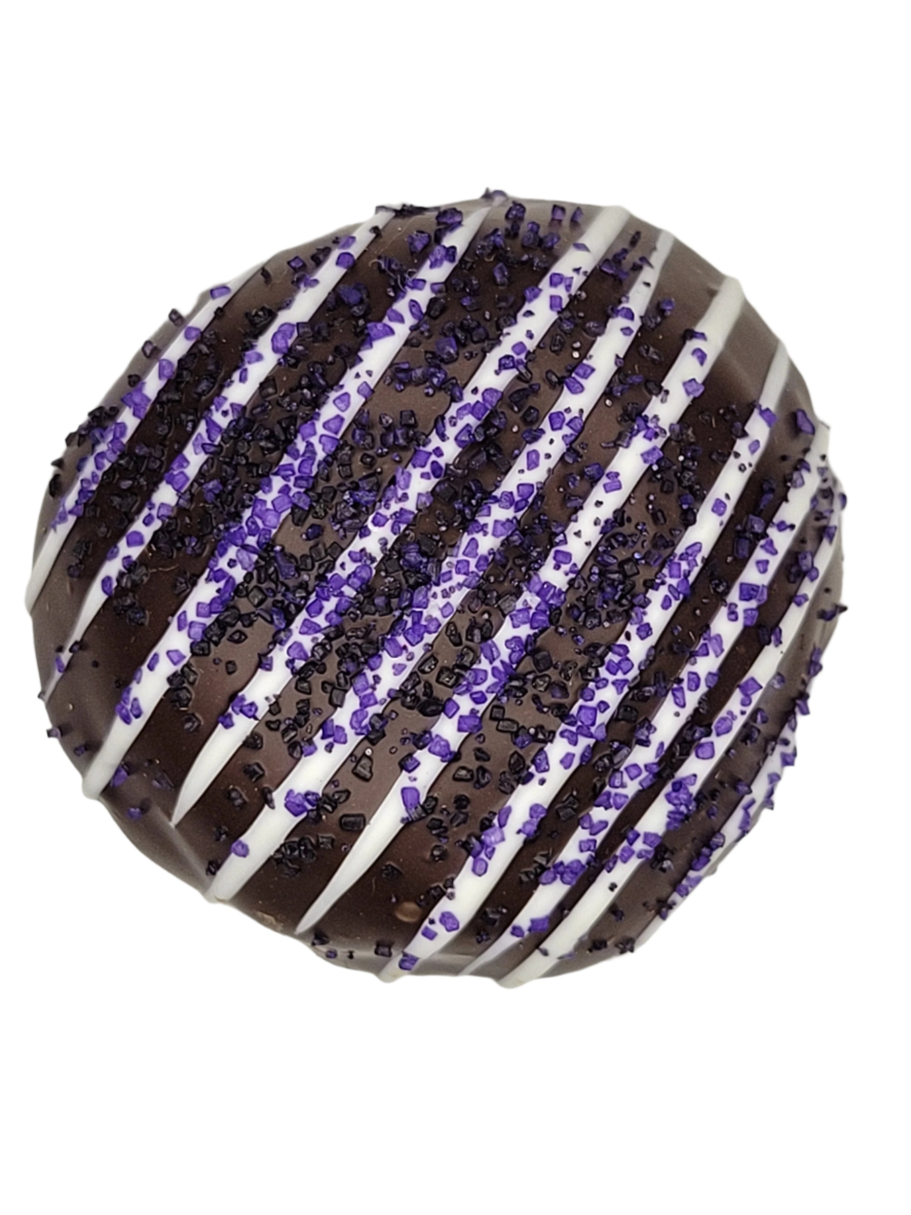 Dark huckleberry truffle: round chocolate with dark coating, white stripes, purple black crystals, 1.5oz
