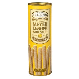 Yellow cylindrical tube of Dolcetto Meyer Lemon Rolled Wafers