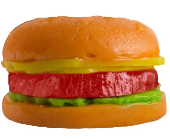 Vibrant orange Giant Gummy Hamburger stress reliever with red patty