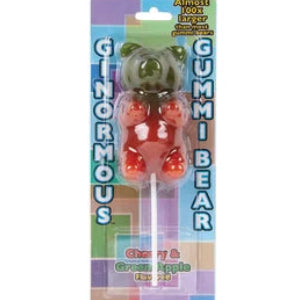 Ginormous Gummi Bear Pop: green-headed red gummy bear lollipop in colorful cardboard