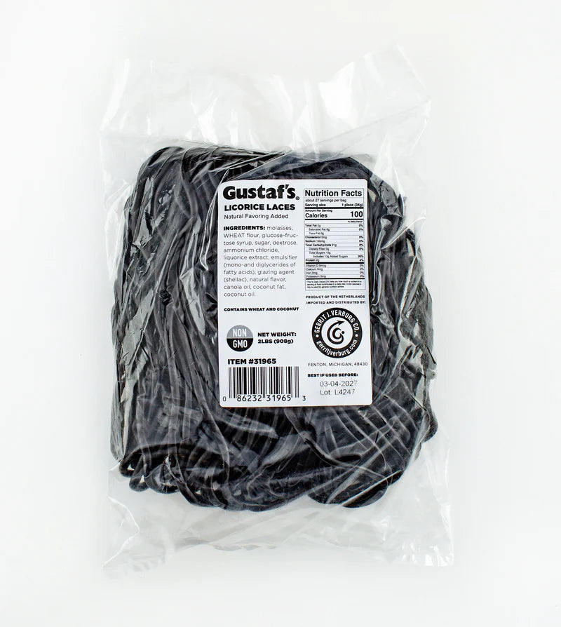 Gustafs black licorice laces, 4.4 lb package in clear wrap