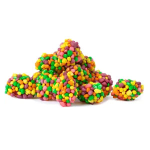 Colorful Nerds Rainbow Gummy Clusters candy pile with speckled chocolate coating