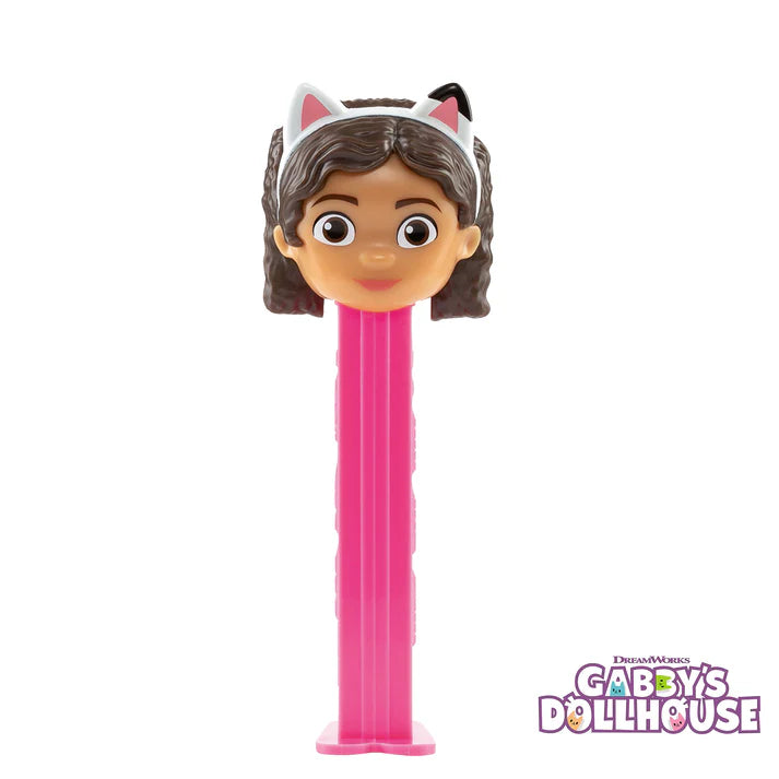 Pink PEZ Gabby’s Dollhouse Gabby dispenser with cat ears and brown hair