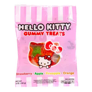 Hello Kitty assorted gummies peg bag with pink white striped package and red strawberry candy