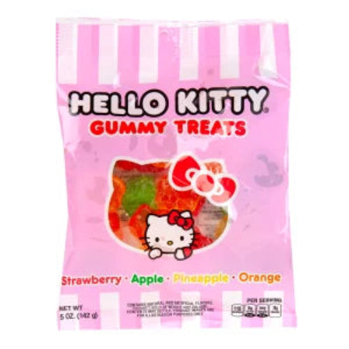 Hello Kitty assorted gummies peg bag with pink white striped package and red strawberry candy
