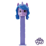 Purple unicorn PEZ dispenser with blue hair, horn, and My Little Pony branding