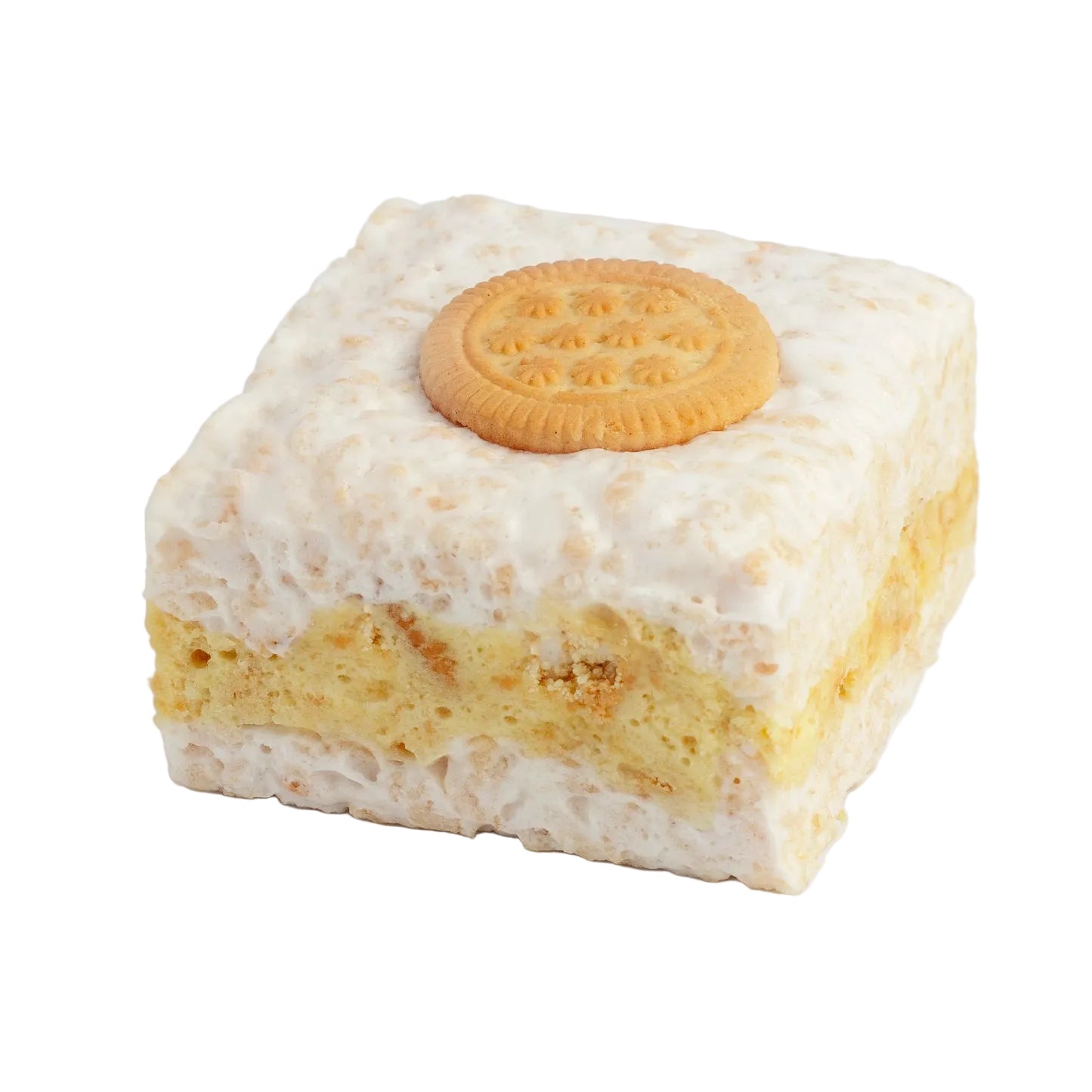 Square piece of cake with a cookie on top against a light gray background