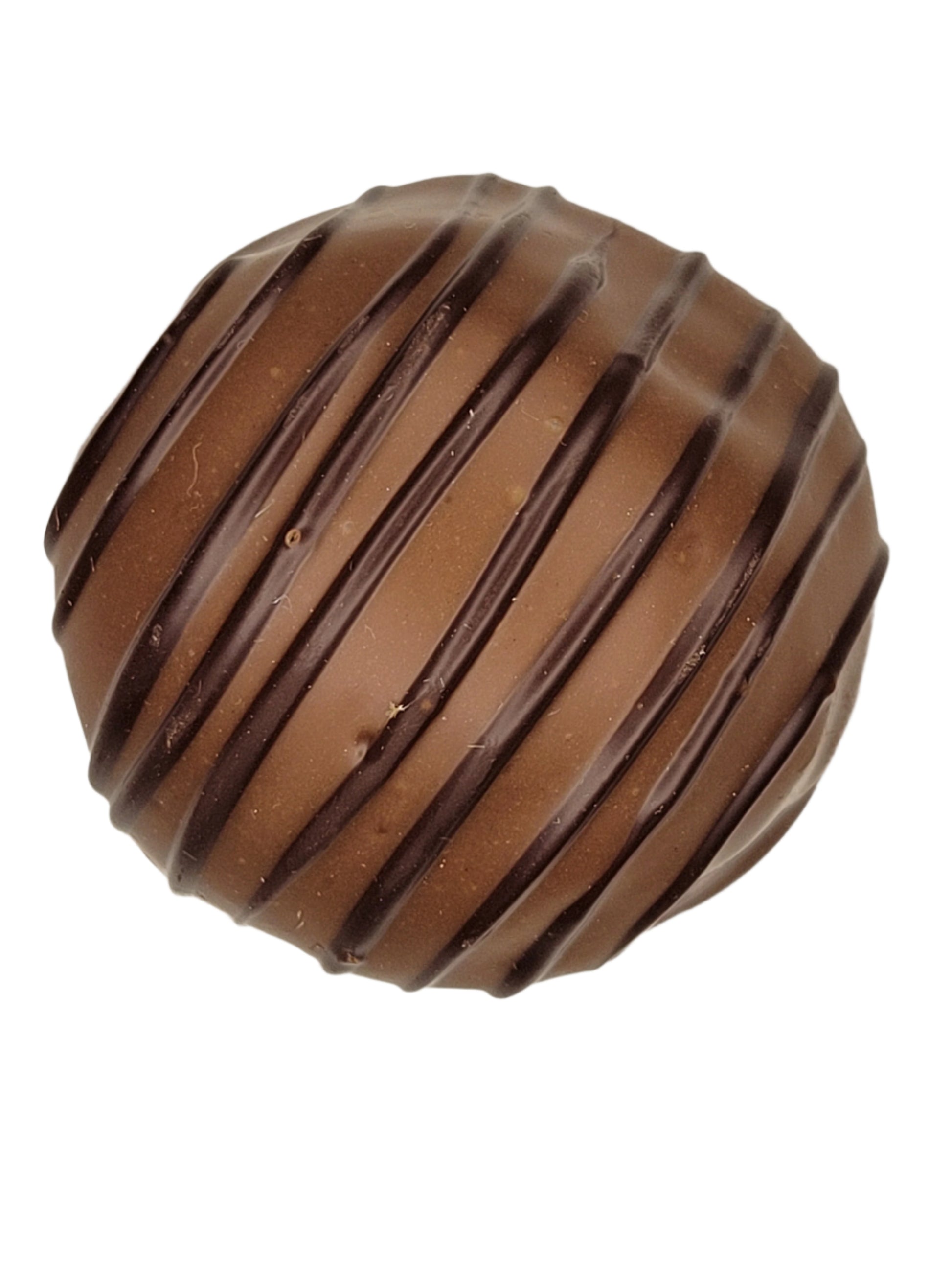 Milk Chocolate Mousse Truffle 1.5oz with glossy coating and dark drizzle