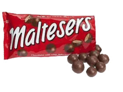 Red Maltesers chocolate bar wrapper with scattered dark brown malt balls