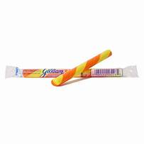 Two striped orange and yellow candy sticks in clear wrappers, Peaches & Cream flavor