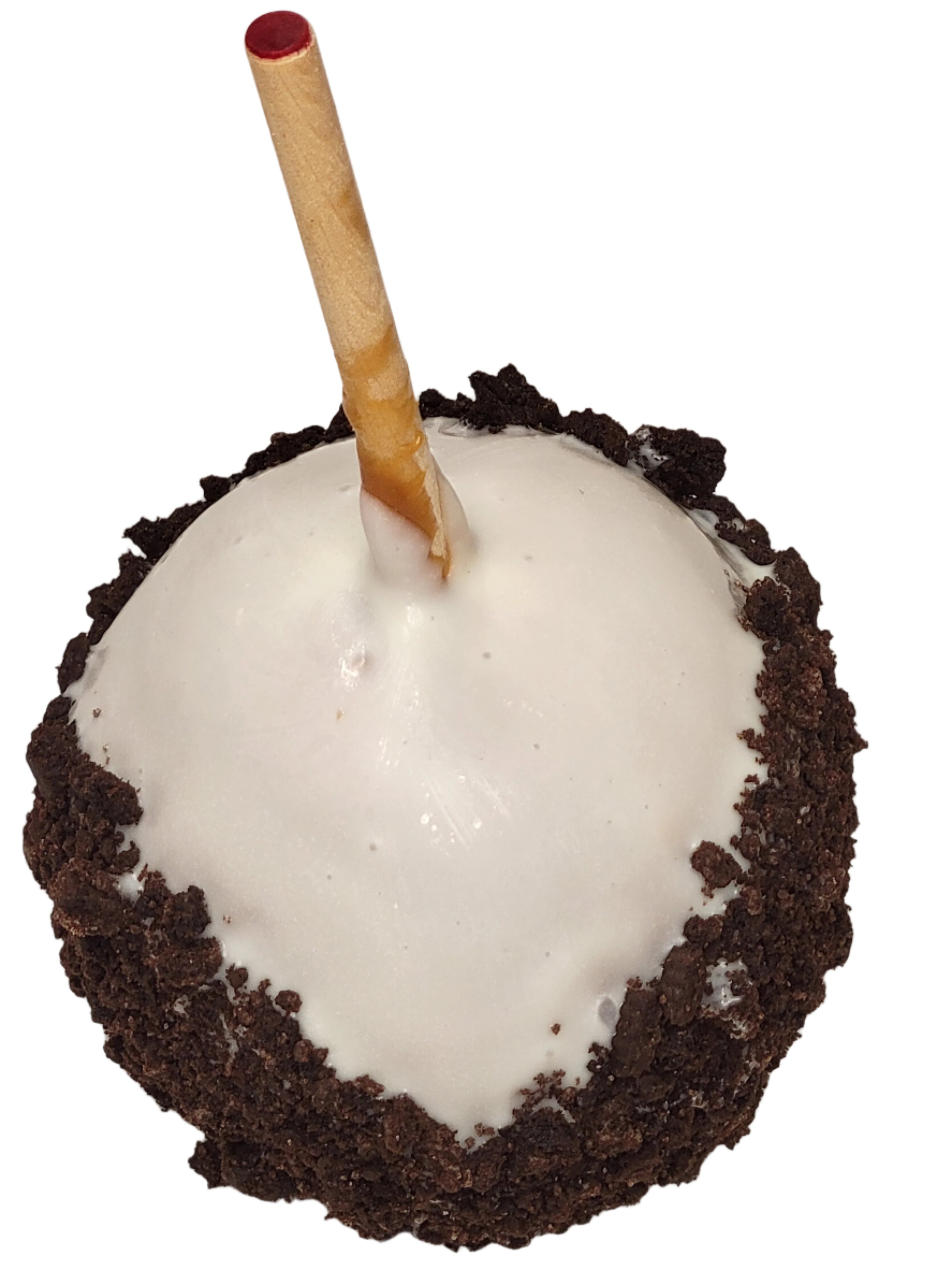 Glossy white Apple Orca candy apple with chocolate crumb coating on stick