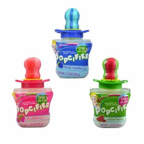 Three colorful Pacifier Pop Dip N Lik lollipops in strawberry, blue raspberry, watermelon