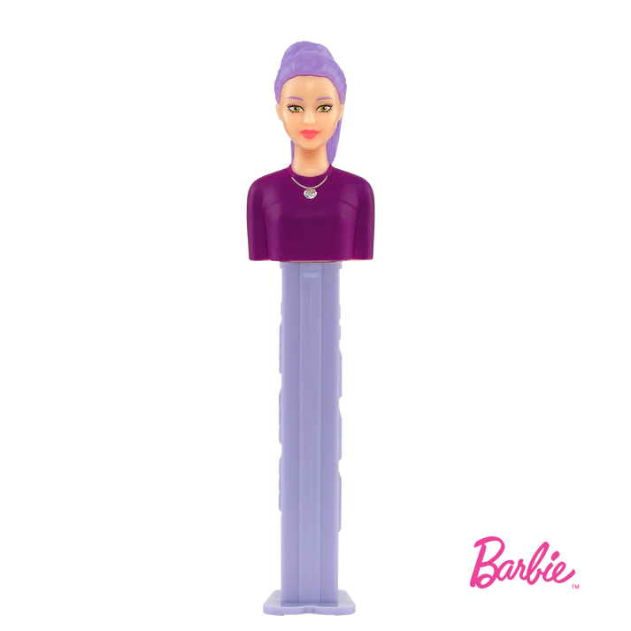 Purple-haired PEZ Barbie figure in purple top and silver necklace on lavender dispenser