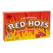 Red Hots Theater Box with cinnamon candy in flame-themed packaging