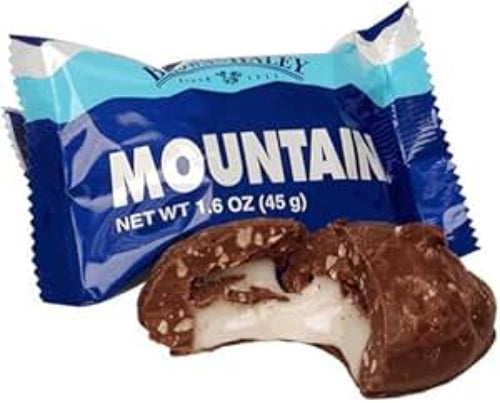 Mountain Bar Original Vanilla Candy Bar with chocolate-covered marshmallow in blue and white wrapper