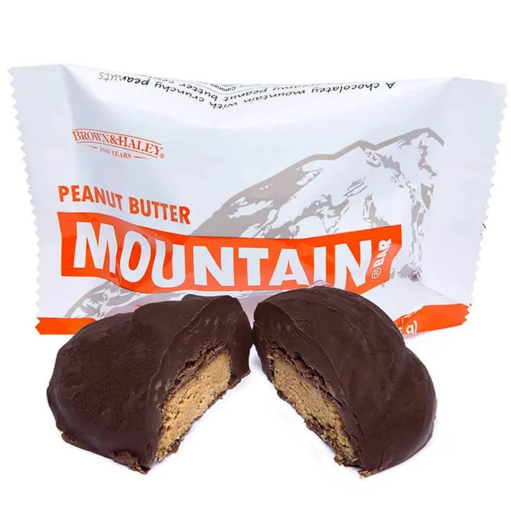 Split chocolate-coated peanut butter Mountain Bar from Brown & Haley revealing creamy interior