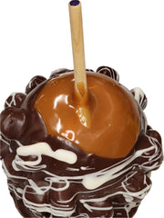 Glossy caramel apple in dark chocolate, white drizzle, Apple Rocky Road
