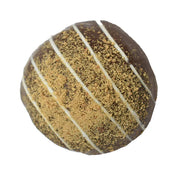 S’mores Truffle 1.5oz: round chocolate with dark coating, white stripes, golden crumbs