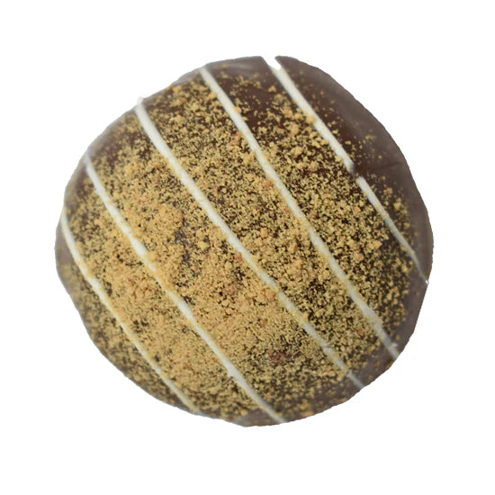 S’mores Truffle 1.5oz: round chocolate with dark coating, white stripes, golden crumbs
