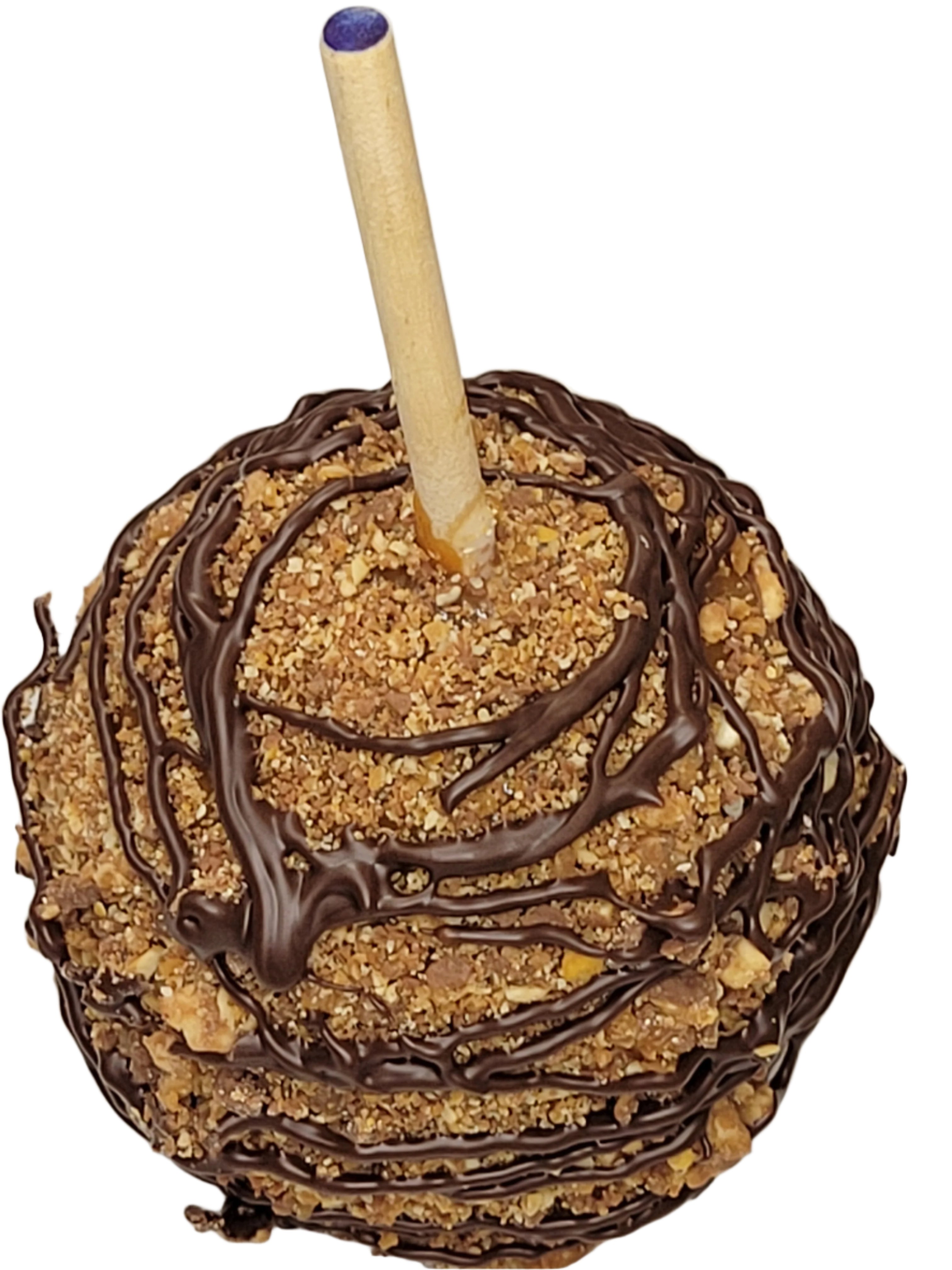 Apple Snickers: round caramel apple with dark chocolate drizzle and crushed nuts