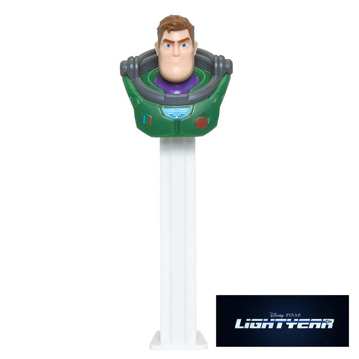 Green and purple Buzz Lightyear PEZ Alpha Class head in plastic helmet with gray accents on white stick