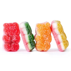 Triple Layer Sour Gummy Bears: colorful red, striped green-white, orange, pink-yellow designs