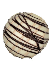 Tiger Butter Truffle 1.5oz: round white chocolate with dark crisscross drizzle