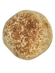 Round off-white Tiramisu Truffle bath bomb with brown cinnamon speckles, 1.5oz