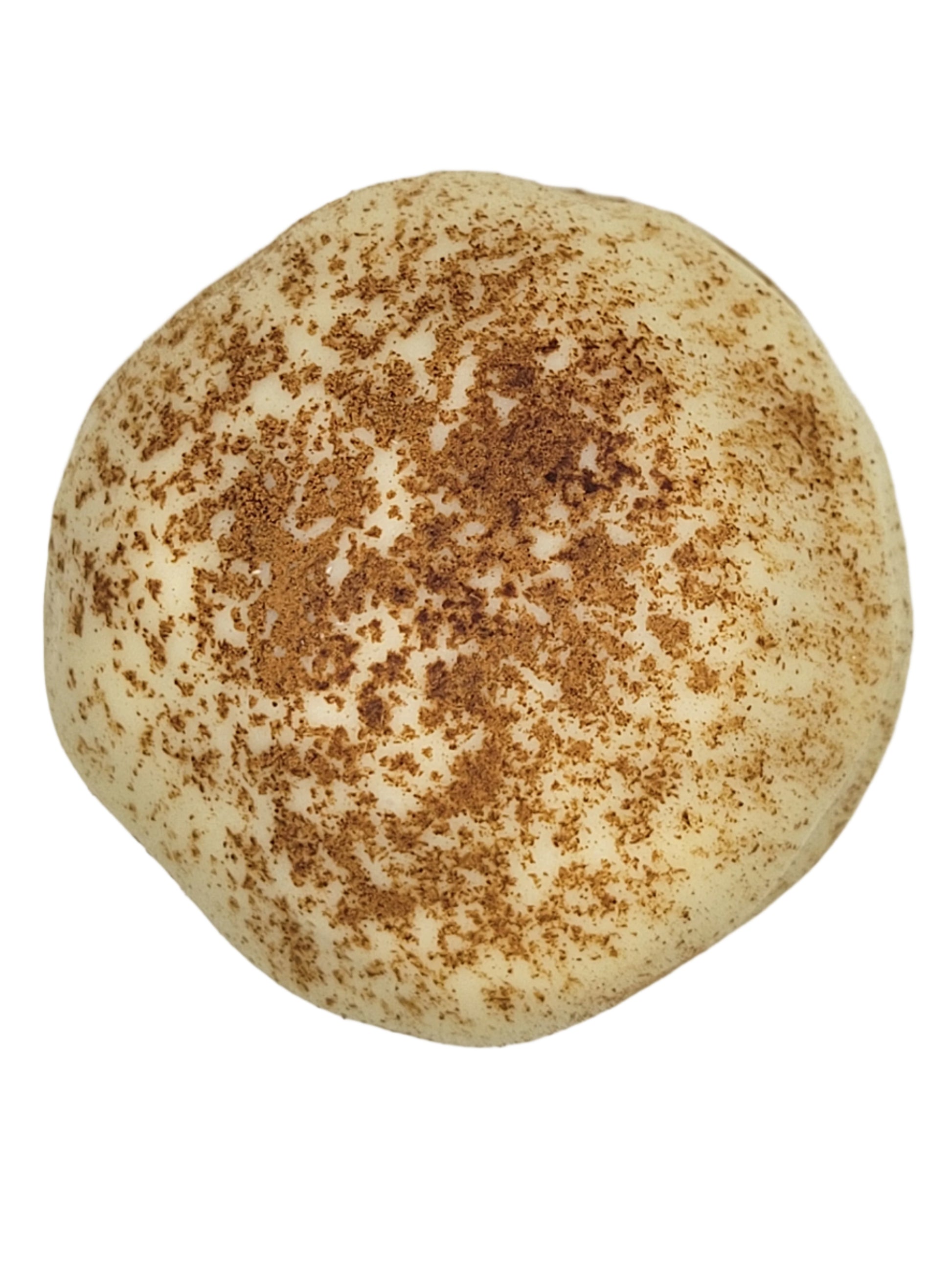 Round off-white Tiramisu Truffle bath bomb with brown cinnamon speckles, 1.5oz
