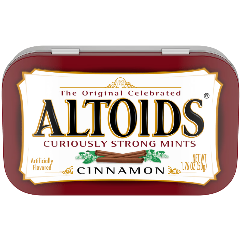Red Altoids Cinnamon Mints Tin with gold-trimmed label