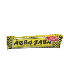 Yellow and black checkered Abba Zabba candy bar wrapper with red sugar free sticker