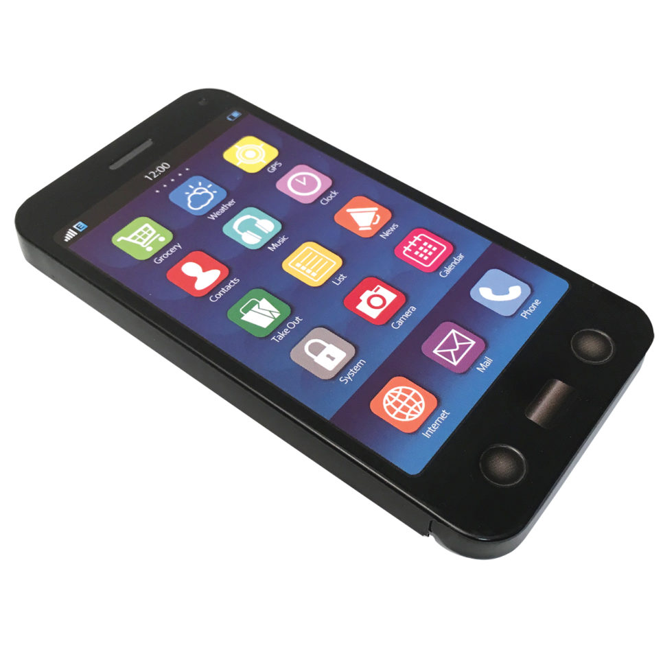 Black plastic toy smartphone with colorful app icons in Cell Sours Candy Tin