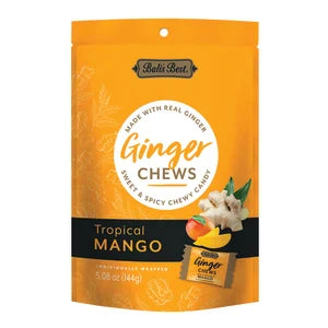 Bali’s Best Tropical Mango Ginger Chews in orange pouch with vibrant mango and ginger imagery